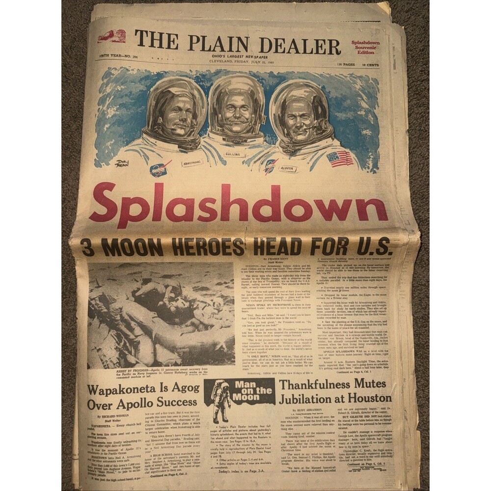 July 25, 1969 Cleveland The Plain Dealer Newspaper Moon Landing Splashdown Cmplt